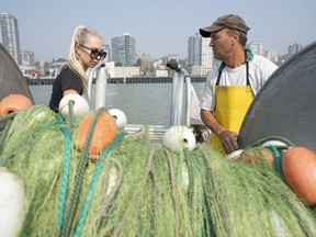 Fisherman Roy Jantunen and his daughter Kirsten drop their nets into the Fraser River in New Westminster during a one-day sockeye salmon opening Tuesday.