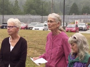 Jean Swanson, a Vancouver city council candidate (center), was released Sunday from jail after serving partial time for her role in the Kinder Morgan protest.