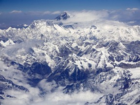 An aerial view shows Mount Everest, also known as the Sagarmatha, on the border between Nepal and Tibet.