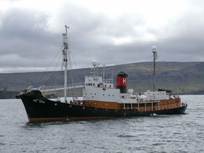 The whaling ship 'Hvalur 9' returns to port after a whale hunting expedition at the Hvalfjordur whaling station, operated by Hvalur HF, in Hvalfjordur, Iceland, on Monday, Aug. 10, 2015. Iceland, along with Norway, has chosen to opt out of the International Whaling Commission's moratorium on whale hunting.