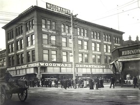 A photo of the Woodward's department store around the time that it opened in Nov., 1903. The picture features the original four-storey building at the corner of Hastings and Abbott. Two stories were added to the structure in 1908, the first of several additions to the building.