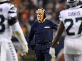 Seattle Seahawks head coach Pete Carroll stands on the sidelines in the fourth quarter against the Chicago Bears at Soldier Field on Sept. 17, 2018 in Chicago, Illinois. The Chicago Bears defeated the Seattle Seahawks 24-17.