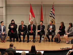 Vancouver mayoral debate, from left, candidates Hector Bremner, Golok Buday, David Chen, Fred Harding, Ken Sim, Kennedy Stewart, Shauna Sylvester and Wai Young.