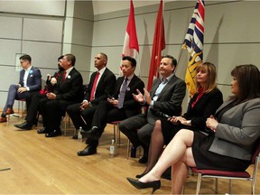 Vancouver Mayoral Debate from left to right: Candidates Hector Bremner, Golok Buday, David Chen, Fred Harding, Ken Sim, Kennedy Stewart, Shauna Sylvester and Wai Young.