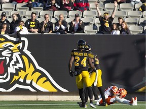 BC Lions wide receiver DeVier Posey (85) reacts after failing to make a touchdown catch in the end zone at the end of first half CFL Football game action against the BC Lions in Hamilton on Saturday.