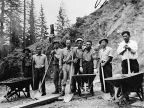 Eight men working on the Hope Princeton Highway, May 8, 1942. Pic courtesy of Japanese Canadian Cultural Centre.