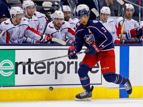 Defenceman Seth Jones of the Columbus Blue Jackets controls the puck during Game 3 of the NHL playoffs’ opening round against the Washington Capitals at Nationwide Arena in Columbus, Ohio, on April 17, 2018.