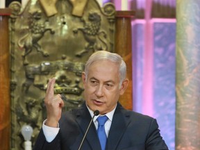 The Prime Minister of Israel Benjamin Netanyahu speaks as he visits the the Choral Synagogue in Vilnius on August 26, 2018.