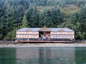 A floating fishing lodge that ran aground near the village of Queen Charlotte, B.C. is seen in this undated handout photo.