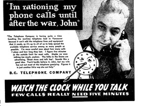"Watch the clock while you talk" B.C. Tel ad in the Sept. 17, 1942 Vancouver Sun.