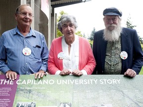Former staffers (from left) Mike Freeman (physics teacher), Penny Le Couteur (dean of arts and sciences), and Bill Schermbrucker (English teacher) gathered at Capilano University in North Vancouver on Monday to celebrate the school's 50th year.