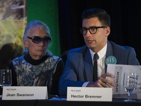Jean Swanson and Hector Bremner, candidates for Vancouver council, participate in a panel discussion on housing Wednesday night. The event was hosted by the UBC Sauder Centre for Urban Economics.