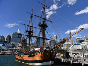 A replica of the Endeavour is seen at the Australian National Maritime Museum in Sydney on Sept. 19, 2018. The hunt for the real thing could be nearing an end.