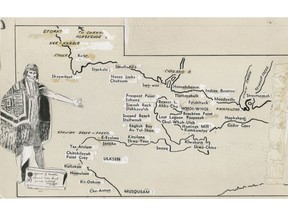 1933 map of First Nations place names in the Vancouver area from the Province archives. The scroll reads "Approved by Resolution Squamish council, Jan. 13, 1933."