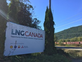 A sign outside the LNG Canada main building site in Kitimat. A weak housing cycle will constrain growth in larger urban areas as construction falls, but general economic trends in B.C. remain solid.