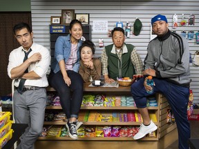 Lee Shorten, Jessie Liang, Maki Yi, James Yi, and Tré Cotten star in Pacific Theatre's Kim's Convenience, which runs until Oct. 6 at the Pacific Theatre.