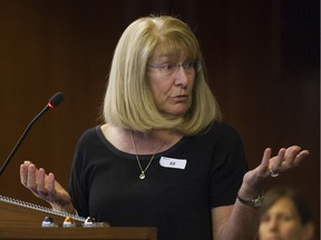 Joan Rush gestures as she speaks before Vancouver City Council on proposed amendments to zoning to allow duplexes in most single family zones.