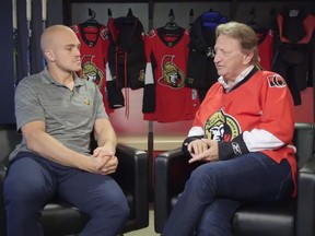 Ottawa Senators' owner Eugene Melnyk, right, talks to defenceman Mark Borowiecki about the NHL club, the rebuild and other self-serving matters.