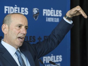 Major League Soccer commissioner Don Garber responds to a question during a news conference in May 2017 in Montreal.