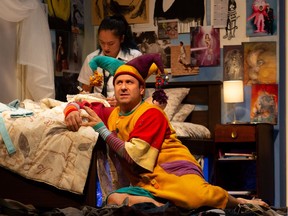 Heidi Damayo and Andrew McNee in Mustard, which features set design by Kevin McAllister, costume design by Carmen Alatorre, and lighting design by Alan Brodie.