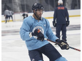 Darnell Nurse and a number of other Oilers skating at Roger Place preparing for training camp on Sept. 5, 2018.