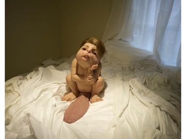 Vancouver, BC: SEPTEMBER 10, 2018 -- Hyper realistic transengenic human-animal sculptures at the Patricia Hotel in Vancouver, BC Monday, September 10, 2018. The sculptures, by Australian artist Patricia Piccinini is opening Friday and is part of the Vancouver Biennale.