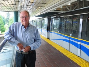 Doug McCallum of the Safe Surrey Coalition who are opposed to light rail, and if elected say they will scrap what's planned in favour of SkyTrain out Fraser Highway to Langley, in action at the King George Skytrain Station in Surrey, BC., August 29, 2018.