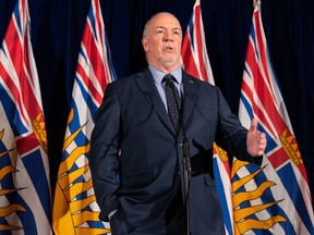 John Horgan speaks to reporters at the Union of B.C. Municipalities conference in Whistler.
