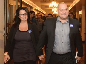 Todd Doherty, Conservative MP for Cariboo-Prince George, with wife Kelly arrive at the victory party in the Coast Inn of The North, Monday, October 19, 2015.