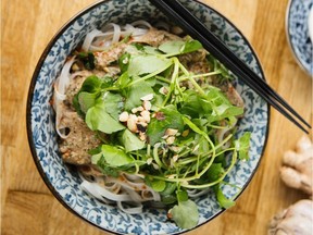 Vegan Hazelnut Rice Noodles with Chili and Greens, by Gabriella Meyer.