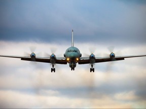 A undated photo obtained on Sept. 18, 2018 shows a Russian IL-20M (Ilyushin 20m) aircraft landing at an unknown location.