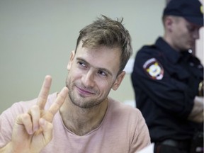 Pyotr Verzilov, a member of the feminist protest group Pussy Riot, gestures during hearings in a court in Moscow, Russia, on July 23, 2018.