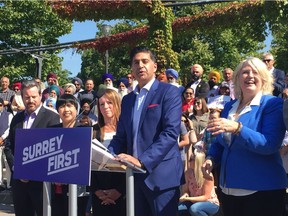 Surrey First mayoral candidate Tom Gill (at podium) introduces his slate for the 2018 municipal election during an event at Holland Park.