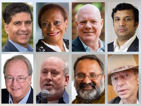 The candidates for Surrey mayor are (clockwise from top left): Tom Gill, Paulina Greaves, Bruce Hayne, Rajesh Jayaprakash, John Wolanski, Imtiaz Popat, François Nantel and Doug McCallum.