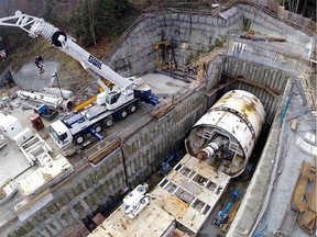 The tunnel boring machine being used on the $1.4 billion Evergreen Line SkyTrain extension is currently undergoing scheduled maintenance before it proceeds under Clarke Road.