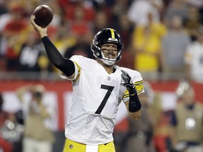 Pittsburgh Steelers quarterback Ben Roethlisberger (7) throws a pass against the Tampa Bay Buccaneers during the first half of an NFL football game Monday, Sept. 24, 2018, in Tampa, Fla.