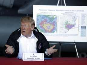 U.S. President Donald Trump speaks while attending a briefing after arriving at Marine Corps Air Station Cherry Point to visit areas impacted by Hurricane Florence on Wednesday, Sept. 19, 2018, in Havelock, N.C.