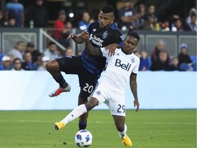 Yordy Reyna of the Vancouver Whitecaps won this battle for the ball last week at Avaya Stadium against Anibal Godoy of the San Jose Earthquakes. The MLS teams play Saturday night at B.C. Place Stadium, where the hosts are looking to keep their post-season hopes alive with a win.