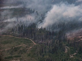 The Shovel Lake wildfire burns near the Nadleh Whut'en First Nation in Fort Fraser, B.C., on August 23, 2018.