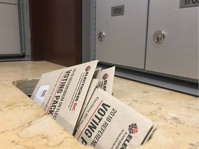 Handfuls of Elections B.C. voter packages, with specific address labels for voters, for the fall 2018 referendum on voting systems were discarded as junk mail in a downtown Vancouver condo building.
