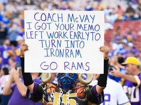 A fan displays a sign before the Los Angeles Rams' game against the Minnesota Vikings at Los Angeles Memorial Coliseum on Sept. 27, 2018 in California. The Rams are 6-0 in NFL action.