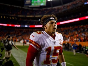 Quarterback Patrick Mahomes of the Kansas City Chiefs celebrates a 27-23 win over the Denver Broncos in NFL action at Broncos Stadium at Mile High in Denver, Colo., on Oct. 1, 2018.