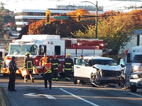 Police and emergency crews tend to a three-vehicle collision at Broadway and Renfrew Sunday morning.