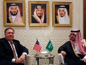 U.S. Secretary of State Mike Pompeo (L), meets with Saudi Foreign Minister Adel al-Jubeir in Riyadh, on October 16, 2018.
