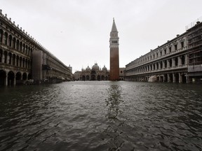 A picture taken on October 29, 2018 shows the flooded St. Mark's Square during a high-water.