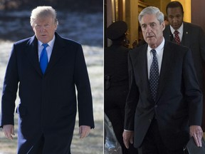 This combination of pictures shows Donald Trump on the South Lawn of the White House in Washington, DC, January 5, 2018, and former FBI Director Robert Mueller, special counsel on the Russian investigation, at the US Capitol in Washington, DC on June 21, 2017.