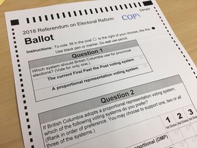 A sample ballot for B.C.’s electoral reform referendum.