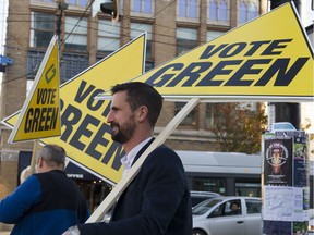 Green candidate for Vancouver city council Michael Wiebe campaigns at Granville and Broadway Vancouver, October 17 2018.