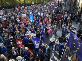 Thousands of anti-Brexit protestors march along Piccadilly on 28.10.2018 in London, UK. More than one hundred thousand people march from Park Lane to Parliament Square in what is said to be the largest public protest against Brexit so far. The march is to demand a People's Vote on the final Brexit deal amid growing support from MPs from all the main political parties for a final say referendum.