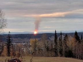 A pipeline has ruptured and sparked a massive fire north of Prince George, B.C. is shown in this photo provided by Dhruv Desai. The company that owns the natural gas pipeline that ruptured and burned earlier this month in central British Columbia says repairs should be complete by the middle of November.